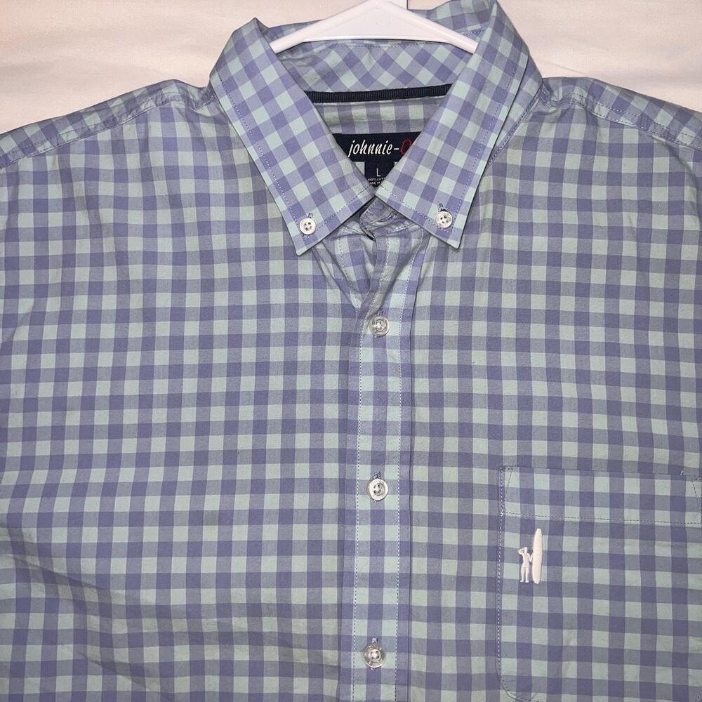 Johnnie-O Shirt Mens Size L Blue Gingham Plaid Button Up Silver Lake Preppy Logo - Picture 4 of 12